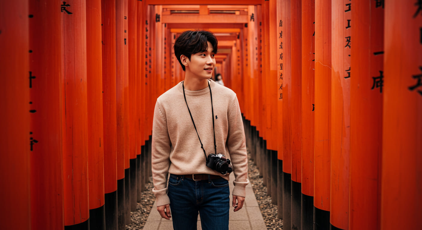 후시미 이나리 신사 도리이 터널을 걷는 귀여운 한국인 남성