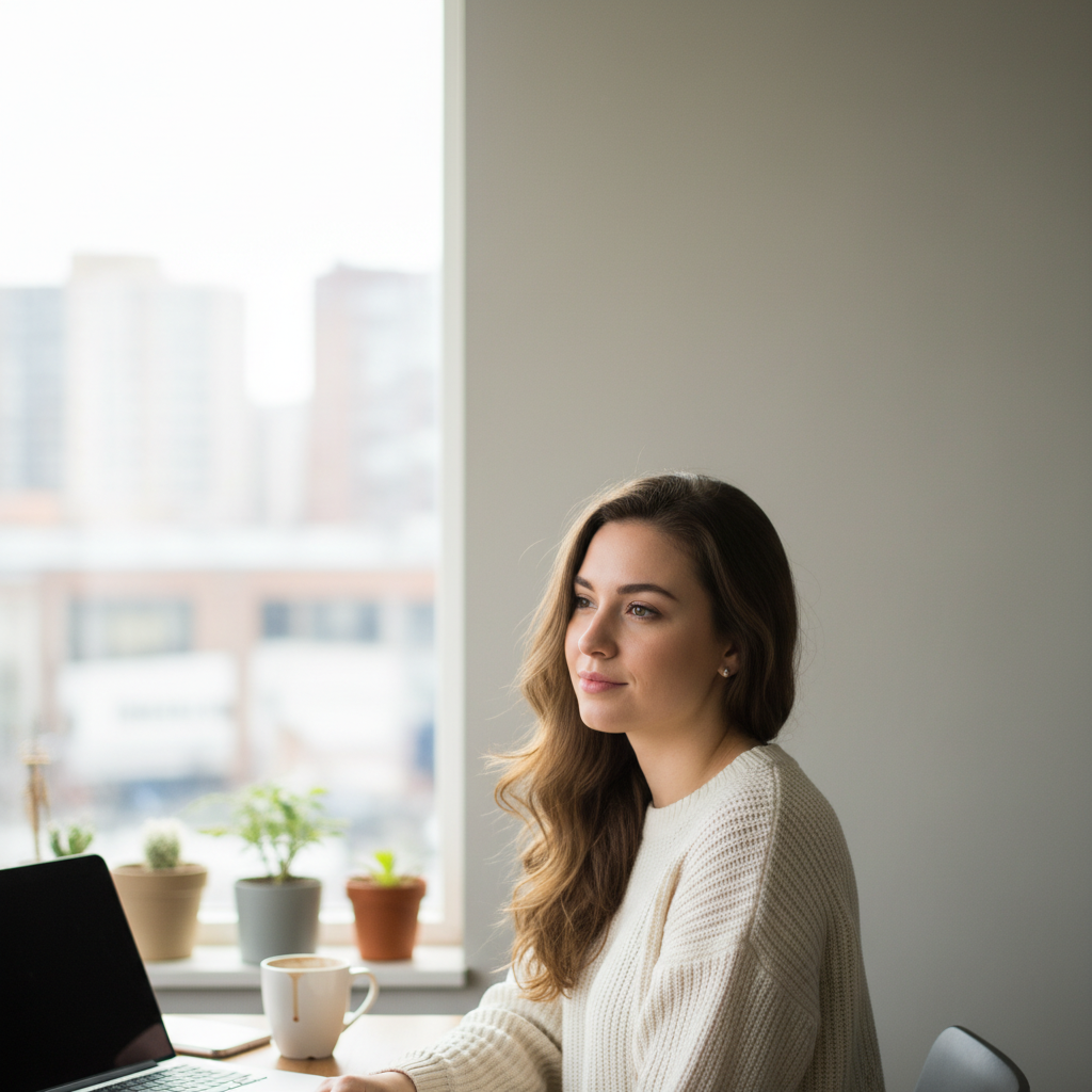 카메라를 들고 바닥에 앉아 있는 여성 블로거의 상반신 중심 인물 사진