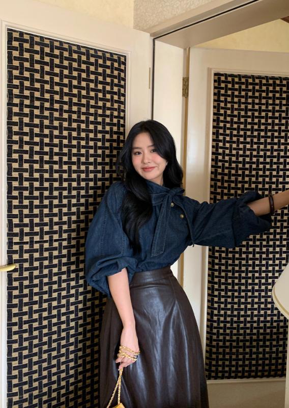 리본 데님 블라우스 셔츠 스탠드 칼라 셔츠