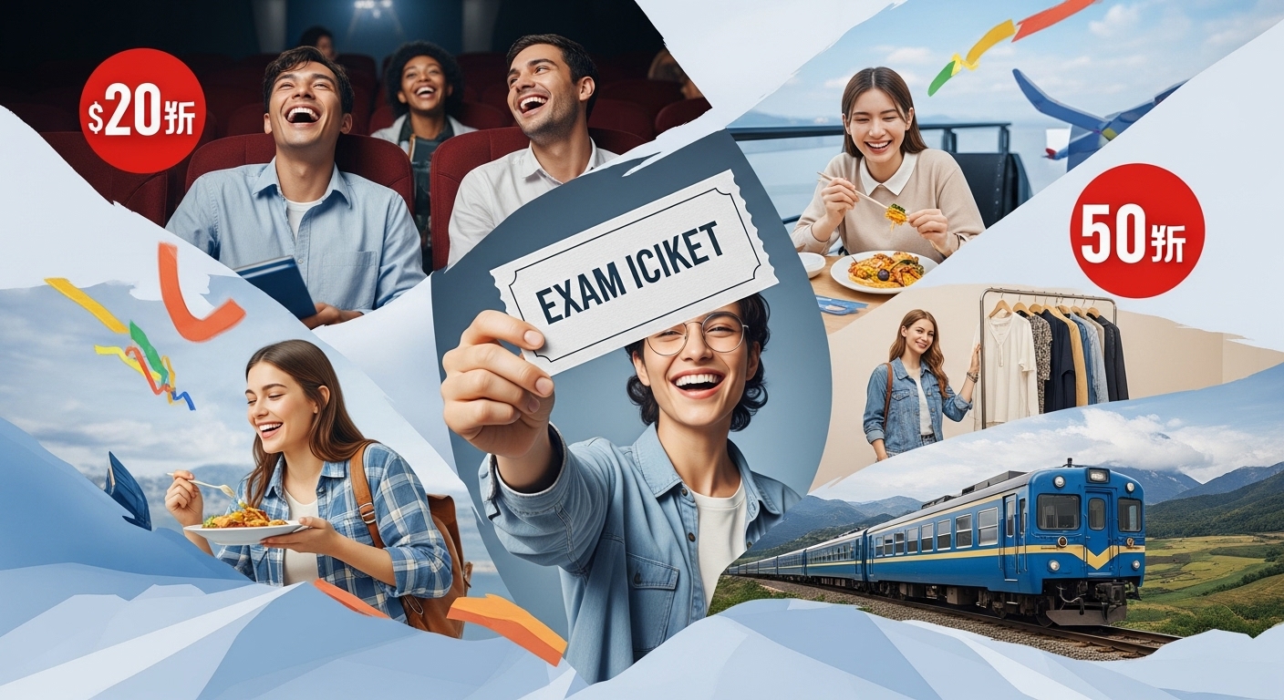수험표를 들고 환하게 웃는 학생과 주변에 영화, 외식, 쇼핑, 여행 등 다양한 할인 혜택을 상징하는 역동적인 이미지.