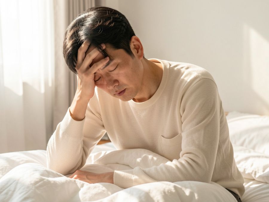 alt="숙취로 두통을 느끼는 남성의 모습"