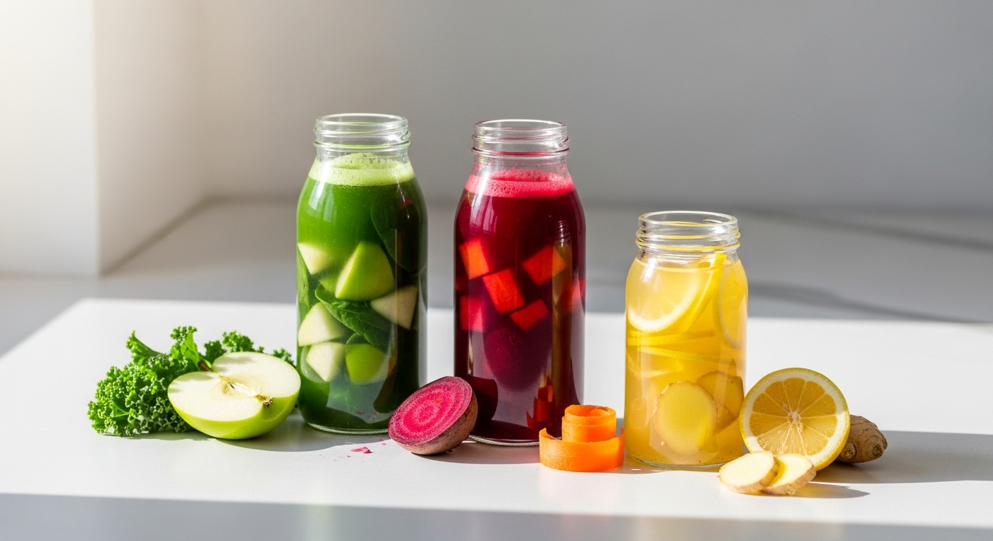 다채로운 색상의 그린 주스, ABC 주스, 레몬 진저 주스 모음