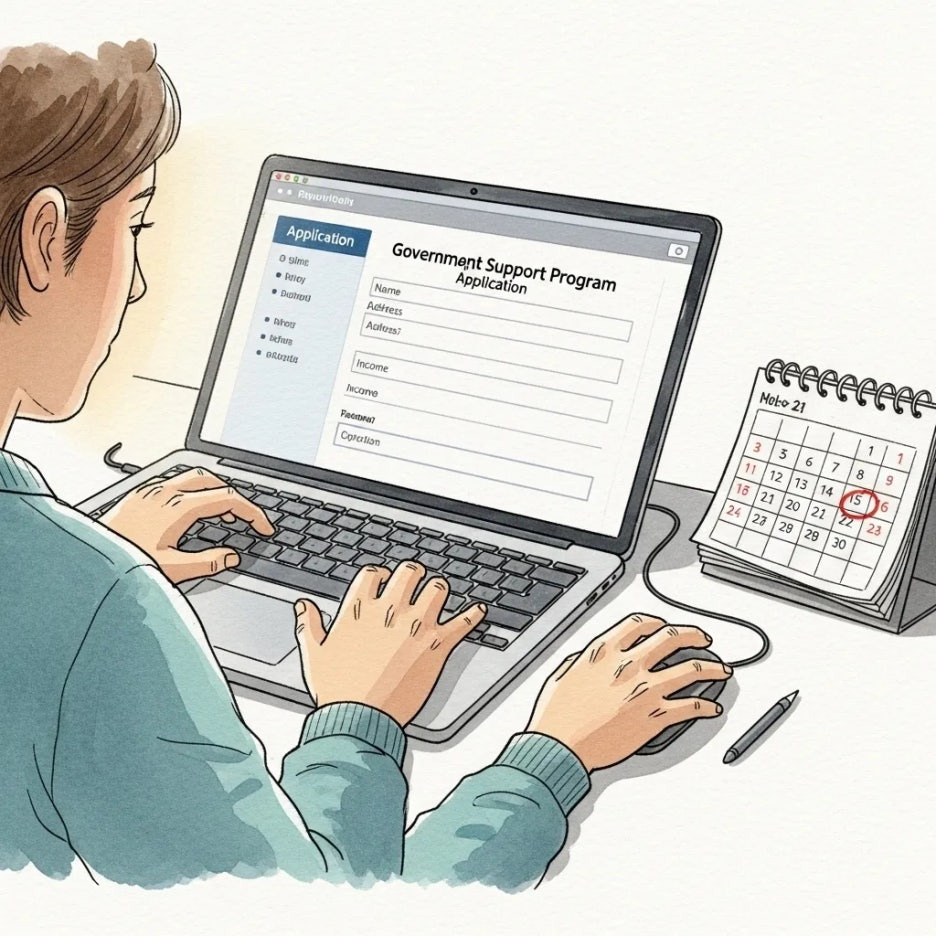 노트북으로 바우처 신청서를 작성하는 모습