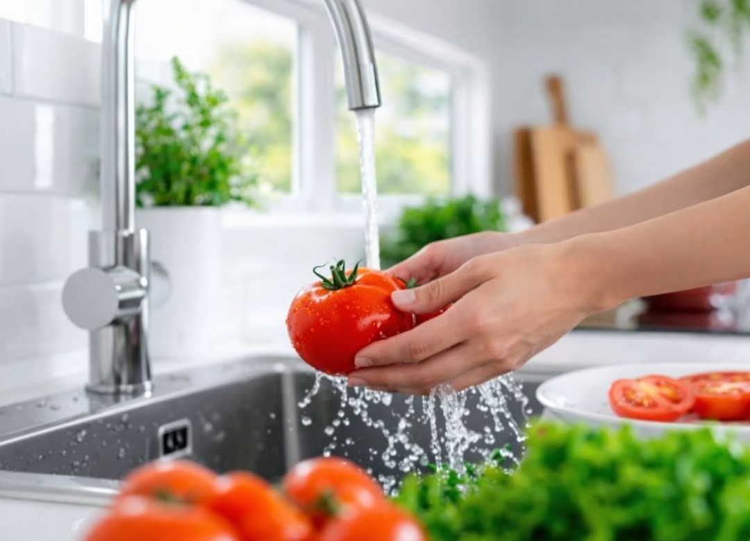 밝은 주방 싱크대에서 토마토를 씻는 장면