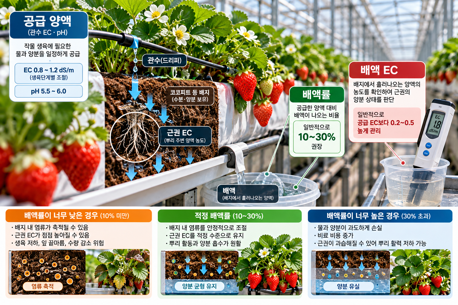 딸기 수경재배 배액률과 배액 EC 관리, 관수량을 판단하는 핵심 기준