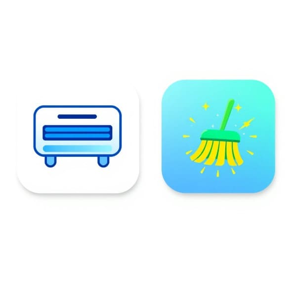 에어컨 아이콘과 빗자루 아이콘이 있습니다.