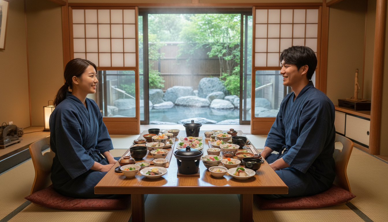 일본 유후인의 전통 료칸에서 가이세키 요리를 즐기며 편안하게 휴식하는 한국인 친구들의 모습.