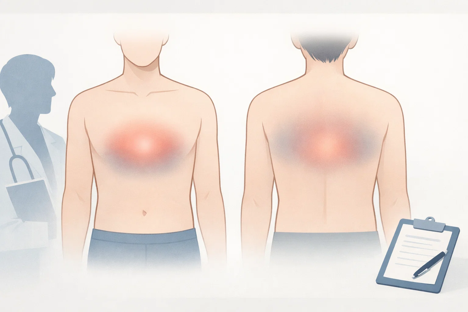 췌장암 등통증 부위를 확인할 때 명치 주변 복통과 등 중앙 쪽으로 이어지는 위치 범위를 함께 이해하도록 정리한 이미지