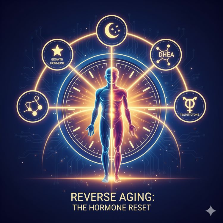 중앙에 시계가 거꾸로 도는 모습과 5개의 호르몬 아이콘(성장호르몬, 멜라토닌, DHEA, 에스트로겐, 테스토스테론)이 원형으로 배치된 인포그래픽. 각 호르몬에서 빛나는 효과선이 젊어지는 인체 실루엣으로 연결됨. 왼쪽은 노화된 모습, 오른쪽은 젊어진 모습의 변화를 표현. 희망적이고 역동적인 파란색과 금색 톤의 의학 일러스트