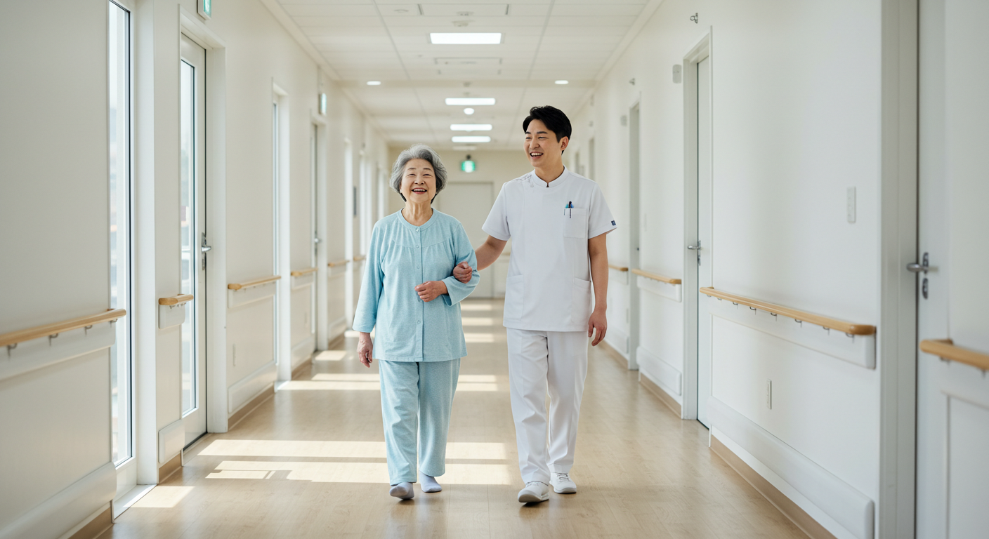 요양병원에서 요양보호사와 함께 담소를 나누며 이동하고 있다