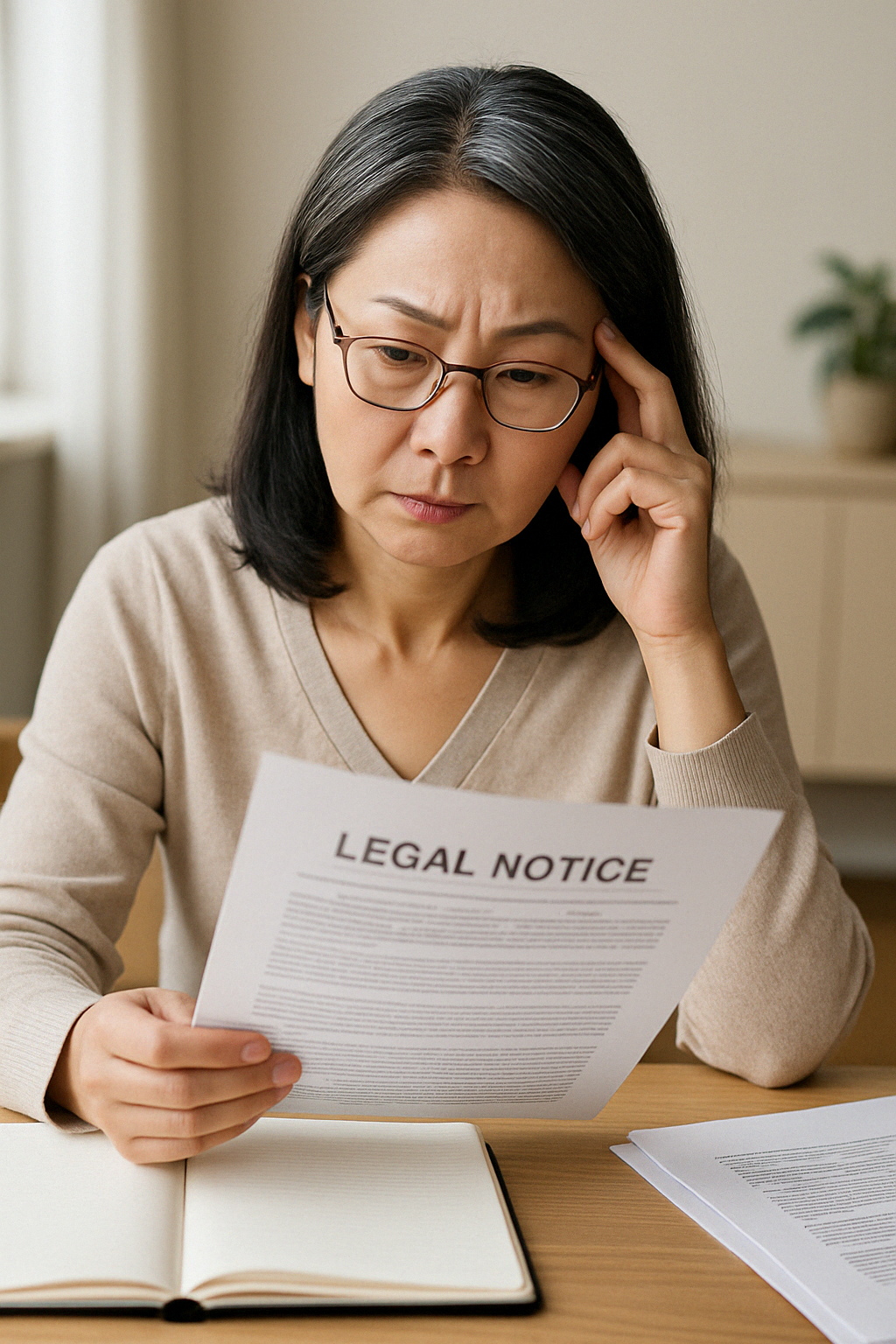 책상 앞에 앉아 법률문서나 안내문을 살펴보며 진지하게 고민하는 모습