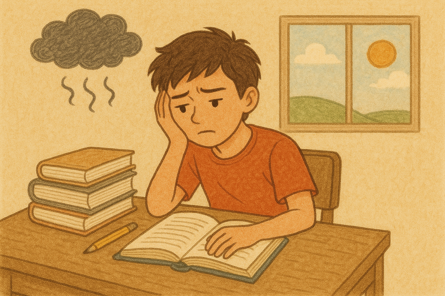 책상 앞의 지친 학생
