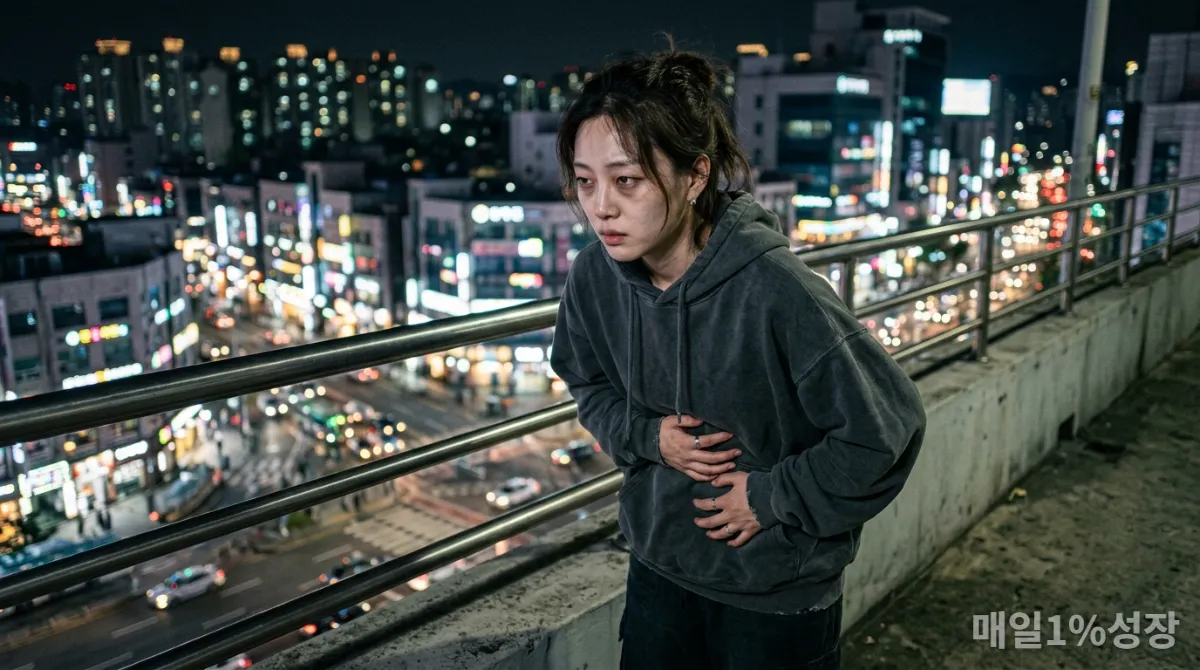 복부 비만, 피로, 불안 증상을 겪는 한국인의 모습으로 과도한 코르티솔의 부정적 영향을 보여주는 이미지