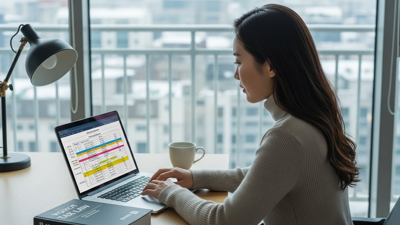 조정된 과세표준에 따른 예상 환급액을 계산하며 자산 관리를 실천하는 모습