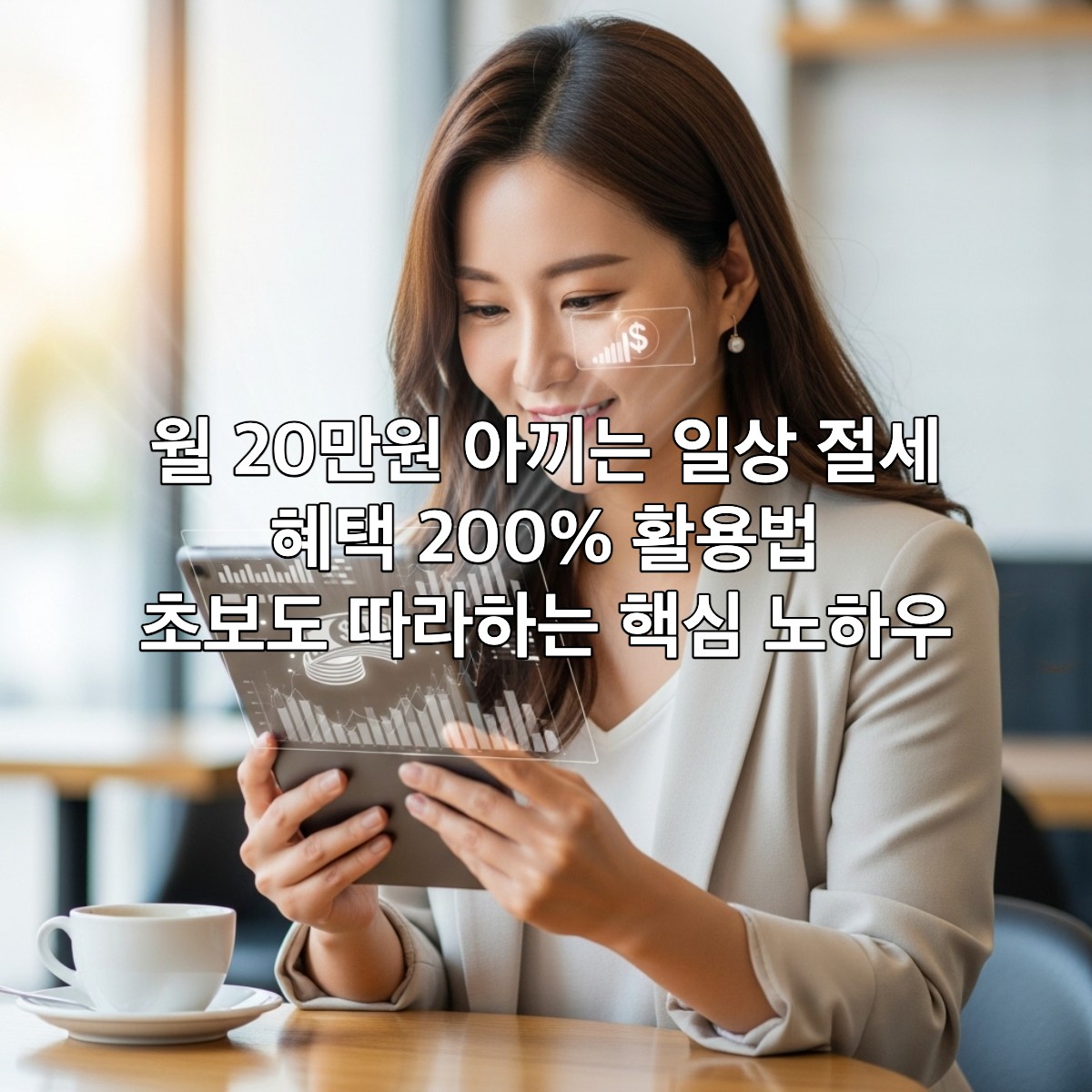 스마트폰으로 절세 정보를 확인하며 미소 짓는 한국인 여성, 일상생활 속 현명한 재테크와 절세 혜택 활용의 중요성을 나타냅니다.