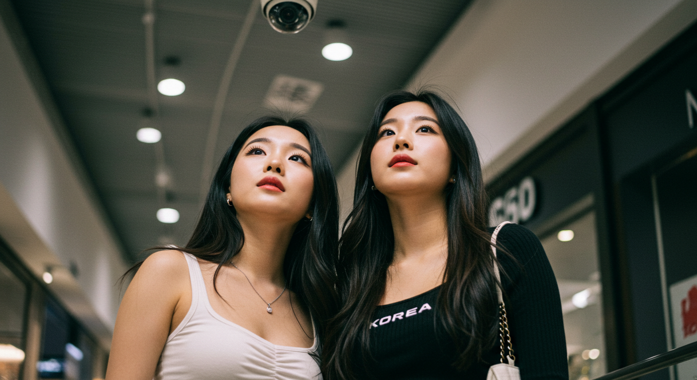 CCTV를 올려다보고있는 두 여인