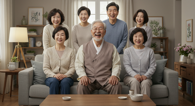 치료 후 밝은 표정으로 가족과 대화하는 노인