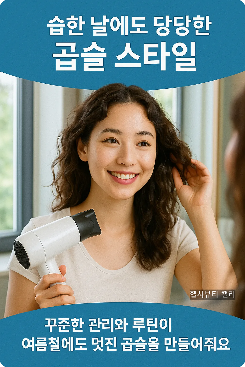 거울 앞에서 곱슬머리를 정돈하며 미소 짓는 여성의 여름 생존 전략 인포그래픽