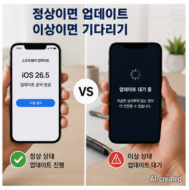 iOS 26.5 업데이트 전 아이폰 상태를 실제로 확인하는 과정 이미지 AI-created