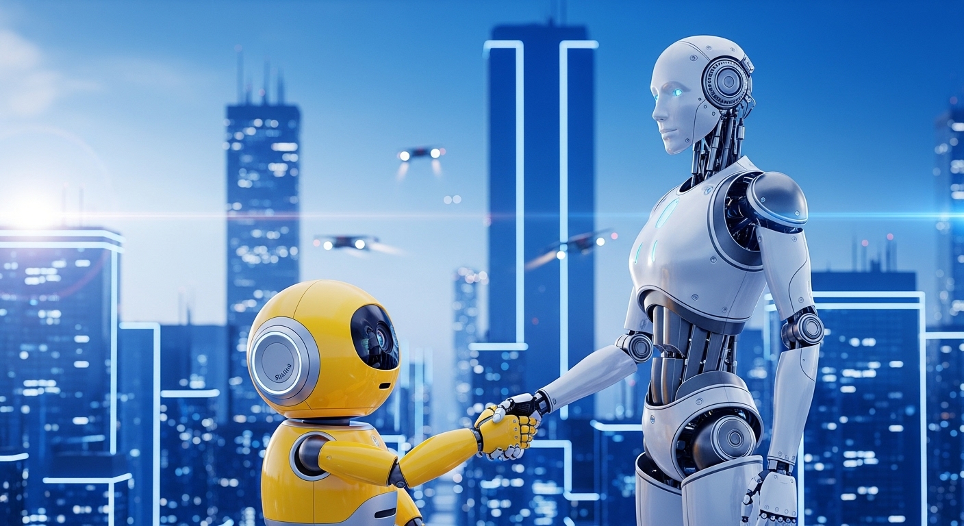 3D graphic image of Samsung's yellow robot 'Ballie' and a humanoid robot standing side by side shaking hands against a blue futuristic city background.