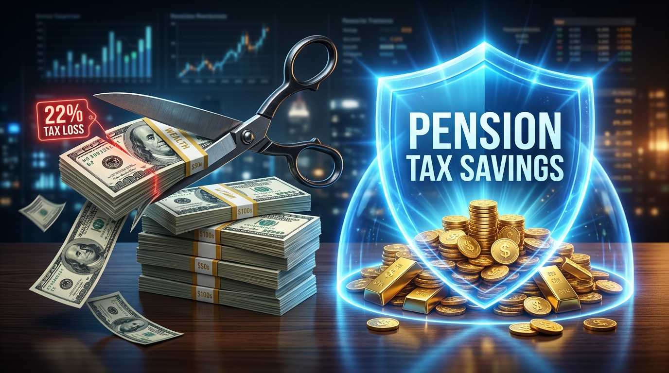 달러 뭉치에서 22%가 가위로 잘려나가는 모습과 방패 모양의 '연금저축' 아이콘이 수익을 지키는 강렬한 대비 그래픽