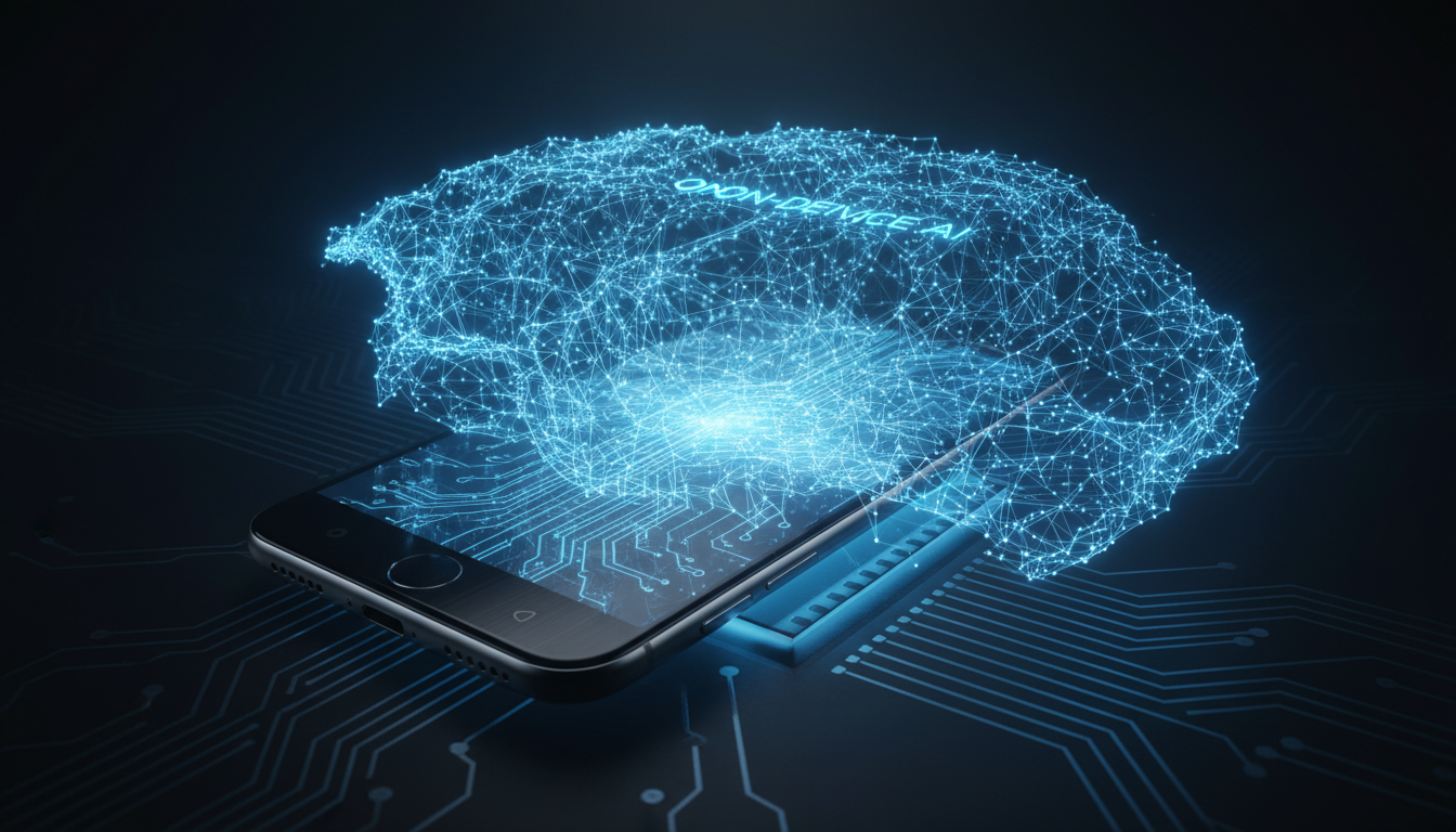 스마트폰 내부에서 신경망이 연결되어 빛나는 온디바이스 AI 컨셉 이미지