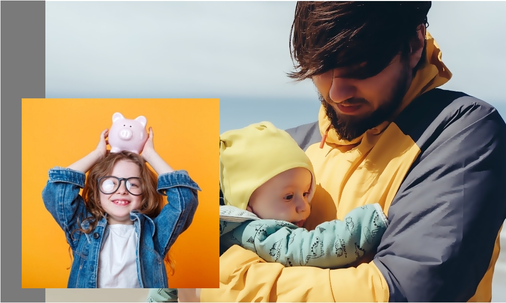 어린아이를 안고있는 부모와 돼지저금통을 들고있는 어린이