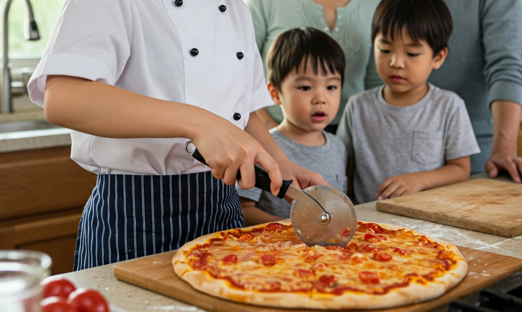 누나와 어린 동생이 피자를 만들어 자르는 모습