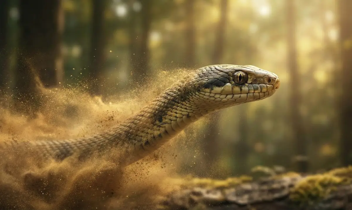숲속에서 뱀이 황금빛 먼지로 사라지는 모습, 장애물 극복을 상징