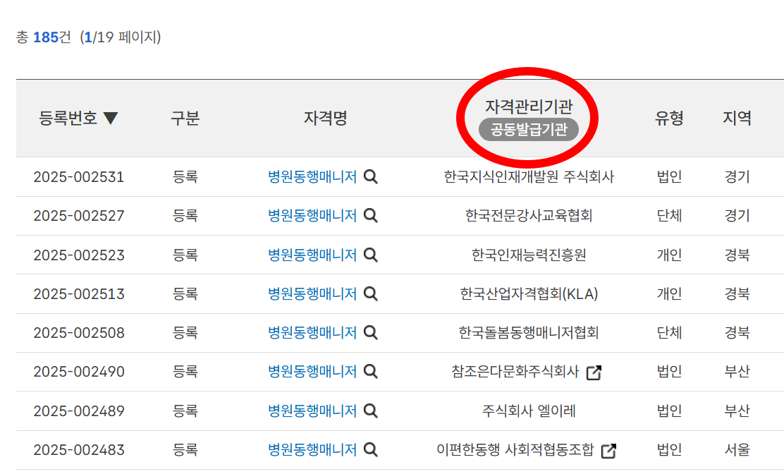 민간자격 검색 화면