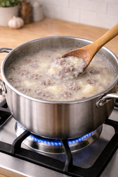 완성된 뽀얀 소고기 감자 미음 사진