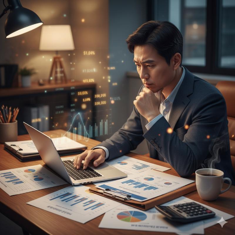 서재에서 금융 서류와 노트북을 보며 부동산 금융과 DSR 규제를 분석하는 중년 직장인 남성, 그래프와 수치가 투영된 전문적인 분위기
