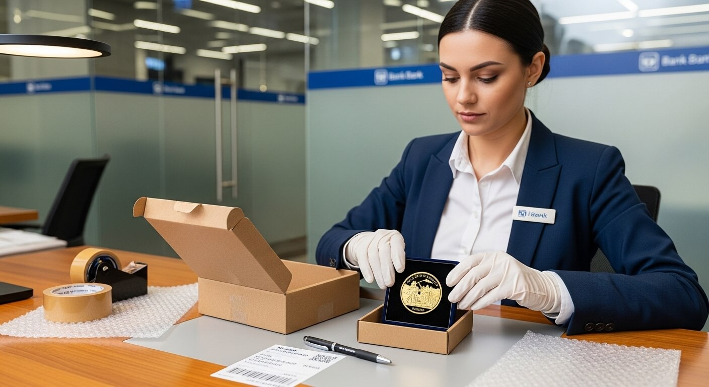 은행 직원이 흰 장갑을 끼고 금색 기념주화를 포장하는 장면