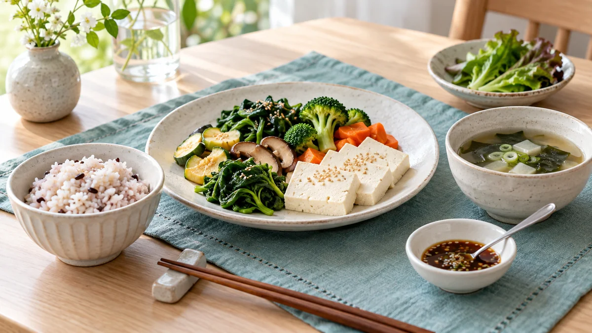 밥과 두부·채소 반찬 옆에 국과 소스를 따로 담은 식탁