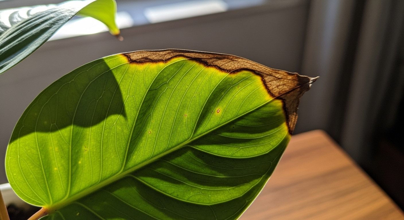 잎 끝이 갈색으로 마른 실내 식물 잎을 자연광 아래에서 촬영한 사진