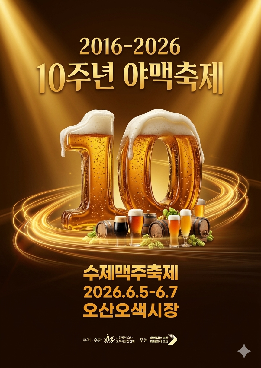 2016-2026 제13회 오산 오색시장 야맥축제 10주년을 기념하는 블로그 썸네일 이미지. 갈색과 황금빛 조명이 어우러진 고급스러운 배경에, 시원한 맥주 거품이 가득 흐르는 대형 숫자 '10' 모양의 맥주잔 오브제가 중앙에 배치되어 있다. 그 아래에는 다양한 종류의 수제맥주 잔들과 오크통, 맥주 원료인 홉이 멋스럽게 연출되어 있으며, 하단에는 '수제맥주축제 2026.6.5-6.7 오산오색시장'이라는 축제 정보 텍스트와 주최, 주관, 후원 로고가 깔끔하게 포함된 가독성 높은 축제 포스터 스타일 디자인.