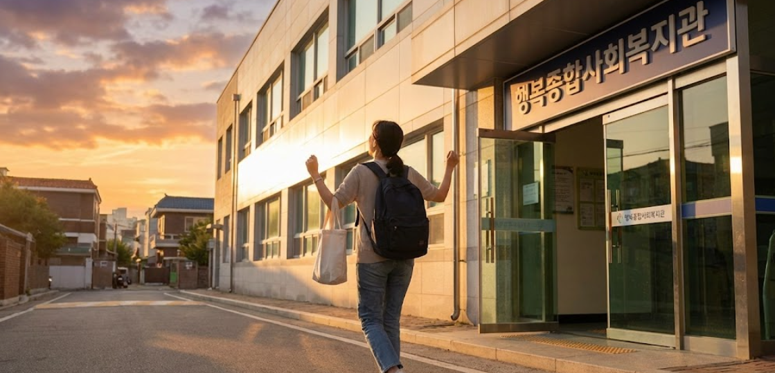 업무를 일찍 마치고 밝게 웃으며 퇴근하는 사회복지사
