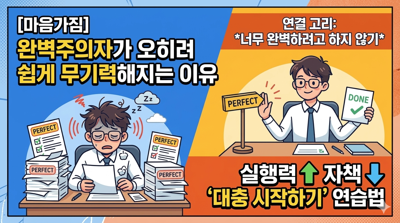 '완벽주의자가 오히려 쉽게 무기력해지는 이유'라는 제목의 유튜브 스타일 썸네일 이미지. 화면은 대조적인 두 가지 상황으로 반분되어 있다. 

왼쪽은 파란색 배경으로, 한 남자가 'PERFECT'라고 적힌 서류 더미와 체크리스트에 둘러싸여 스트레스를 받으며 머리를 쥐어뜯고 무기력해하는 모습이 그려져 있다. 

오른쪽은 주황색 배경으로, 같은 남자가 'PERFECT'라는 표지판을 뒤로하고 미소를 지으며 'DONE'과 체크표시가 그려진 서류를 들어 보이고 있다. 책상 위는 깔끔하게 정돈되어 있다. 

상단에는 '[마음가짐] 완벽주의자가 오히려 쉽게 무기력해지는 이유', '연결 고리: *너무 완벽하려고 하지 않기*'라는 텍스트가 적혀 있고, 하단에는 '실행력&uarr; 자책&darr;', '대충 시작하기 연습법'이라는 문구가 강조되어 있다. 전체적으로 밝고 깔끔한 웹툰 스타일의 일러스트이다.