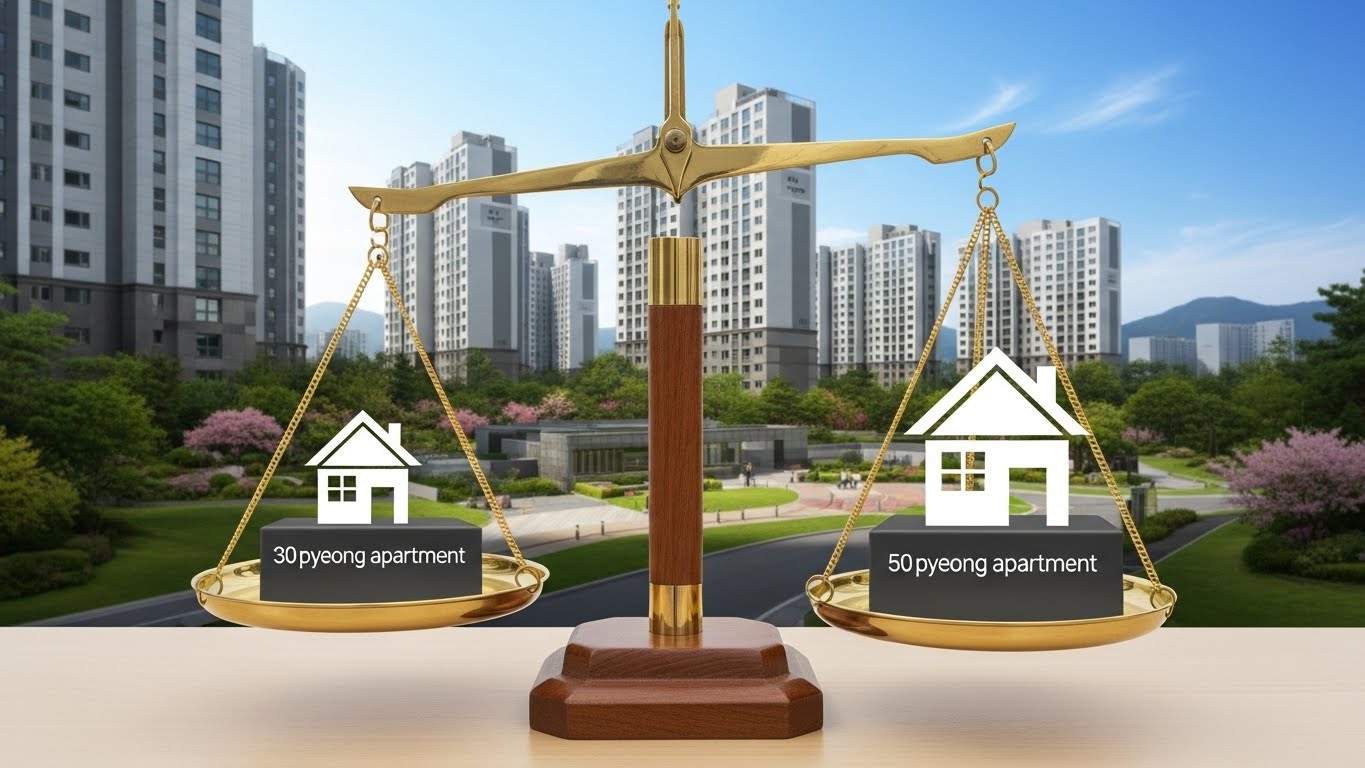 A scale comparing a 30-pyeong apartment (small house icon) and a 50-pyeong apartment (large house icon) within the same complex. The 50-pyeong side is weighed down, indicating better value for price.