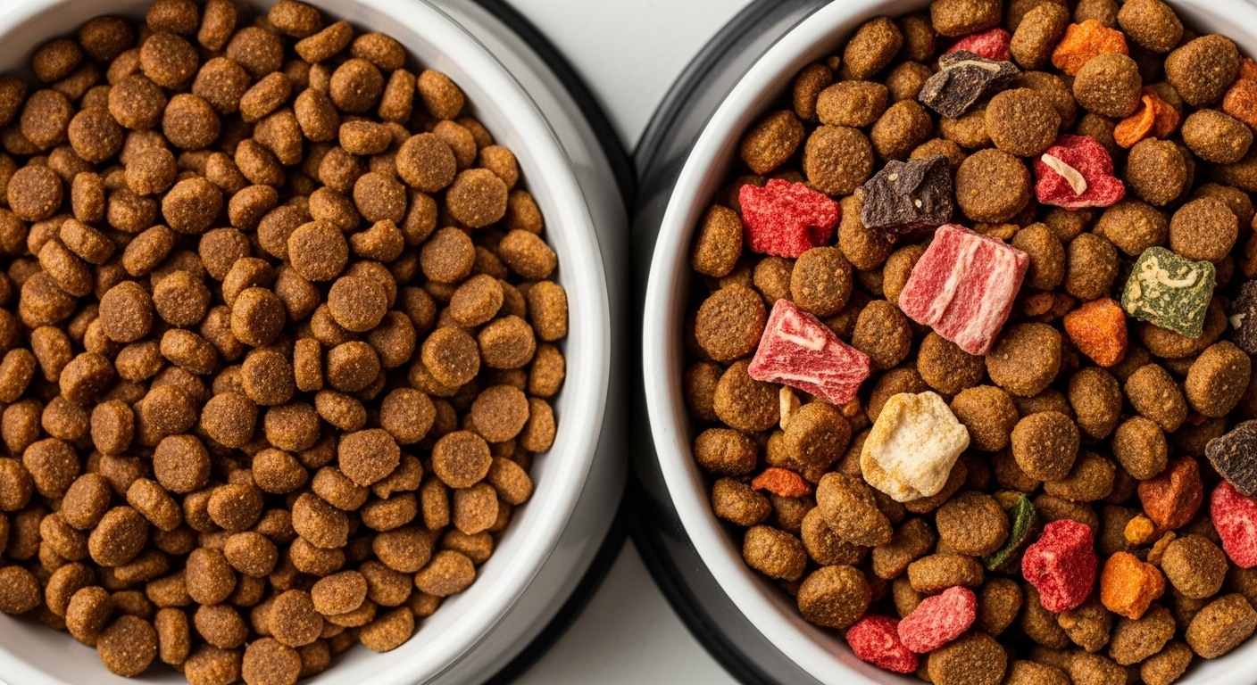 일반 사료와 프리미엄 사료의 원료를 비교하는 이미지