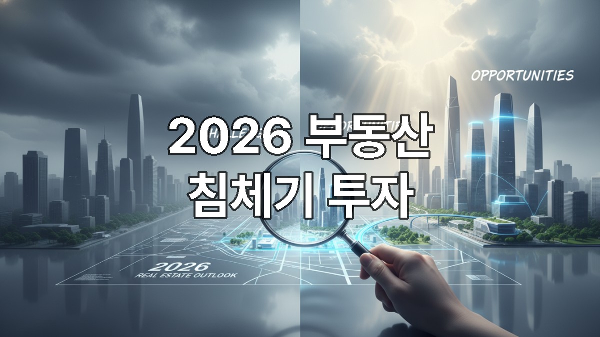 2026년 부동산 시장 침체 속 기회를 상징하는 이미지. 어두운 도시 풍경 속에서 특정 지역에만 햇살이 비추고, 돋보기가 지도를 탐색하는 모습