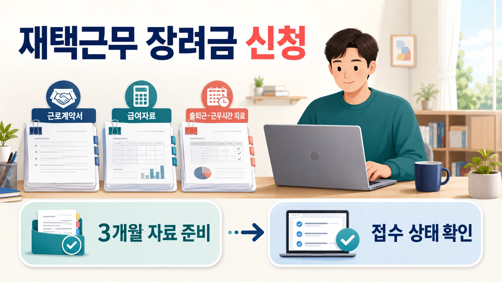 재택&middot;원격근무 장려금 신청에 필요한 계약서와 3개월 자료, 접수 확인 흐름을 보여주는 썸네일
