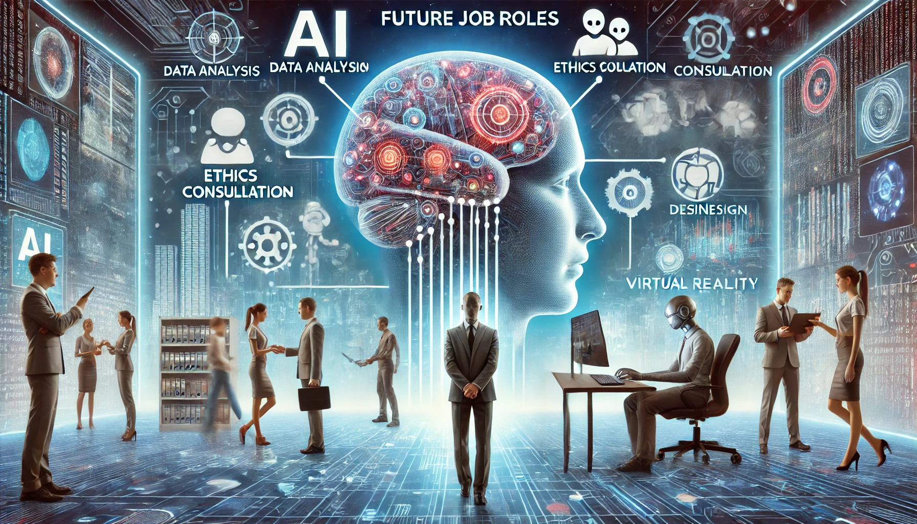 AI가 미래 직업군을 창출하는 모습. AI 뇌가 데이터 분석, 윤리 컨설팅, 가상 현실 디자인과 같은 직업 상징과 연결되어 있으며, 사람들이 이러한 기술과 상호작용하는 장면.