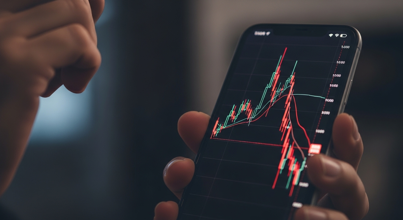 주식 또는 코인 차트의 급락을 보여주는 스마트폰 화면과 스트레스받은 손, 투자 실패의 순간