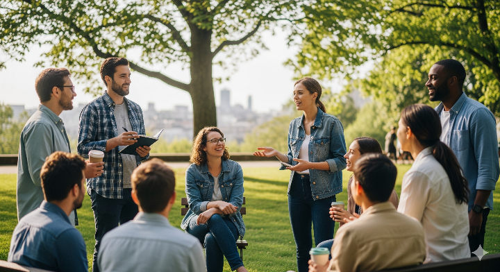 여러 사람이 모여 자유롭게 아이디어를 교환하고 토론하는 모습