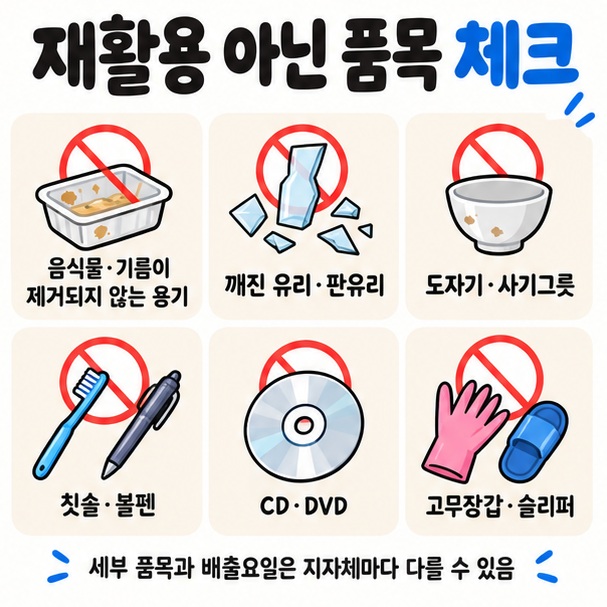 오염된 용기 깨진 유리 도자기 칫솔 볼펜 CD 고무장갑 등 재활용으로 버리면 안 되는 품목을 정리한 이미지