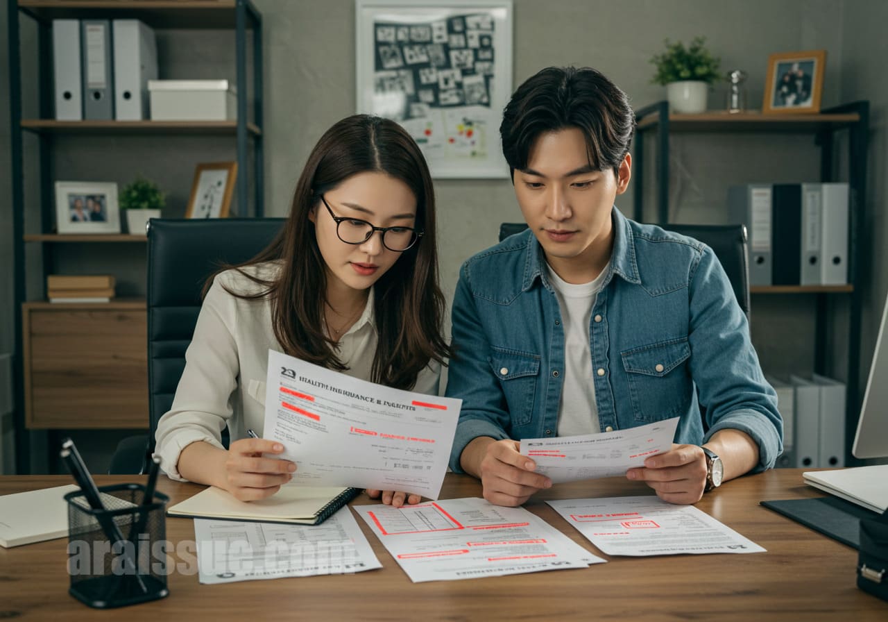 부부가 실손보험과 세금 공제 관련 서류를 함께 검토하며 제외 항목을 빨간펜으로 표시하고 있는 사무실 장면입니다.
