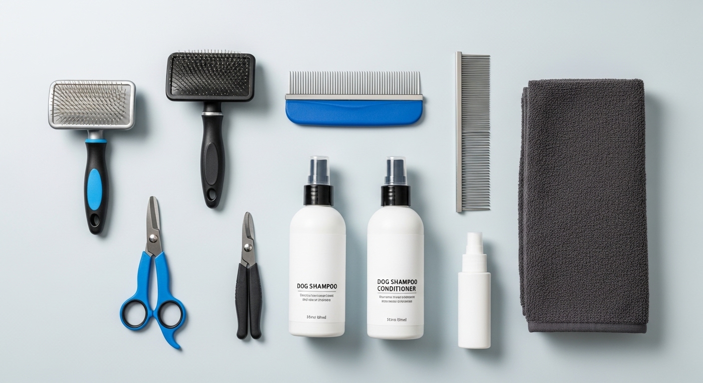 슬리커 브러시, 핀 브러시, 꼬리빗, 강아지 샴푸 등 소형견 털 관리에 필요한 필수 그루밍 도구들이 깔끔하게 놓여있는 모습