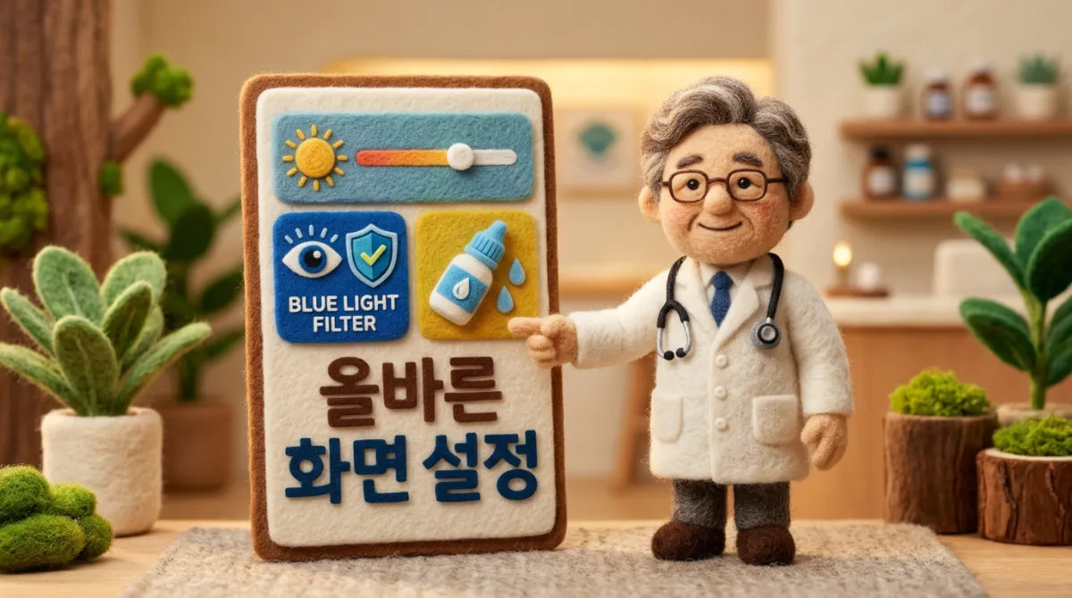 니들 펠트 양모 인형 스타일의 안과 전문의가 시력 보호를 위한 올바른 화면 밝기 설정과 블루라이트 필터 사용법을 설명하는 그래픽