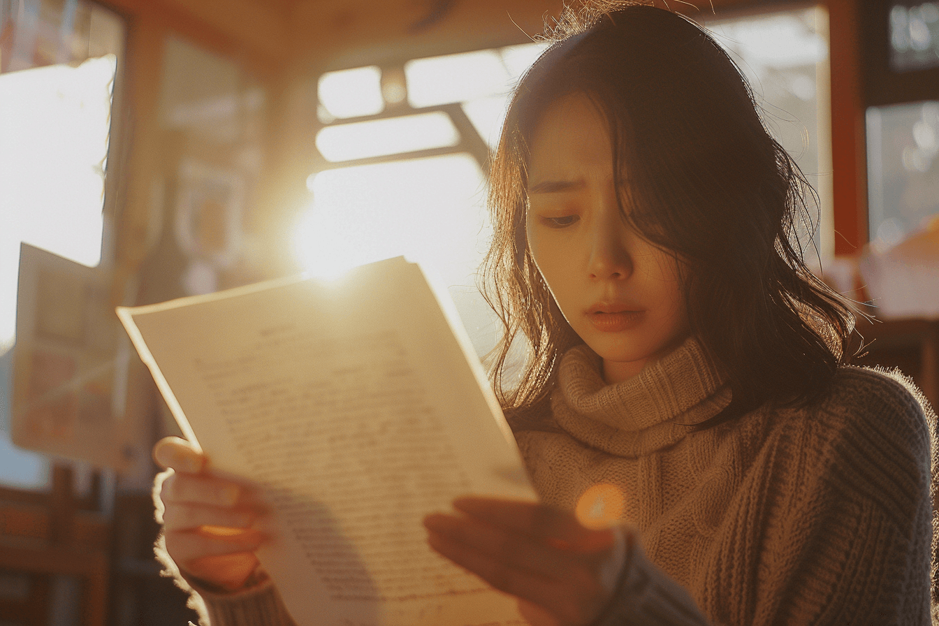 편지를-보며-슬픈-표정을-짓고-있는-여성